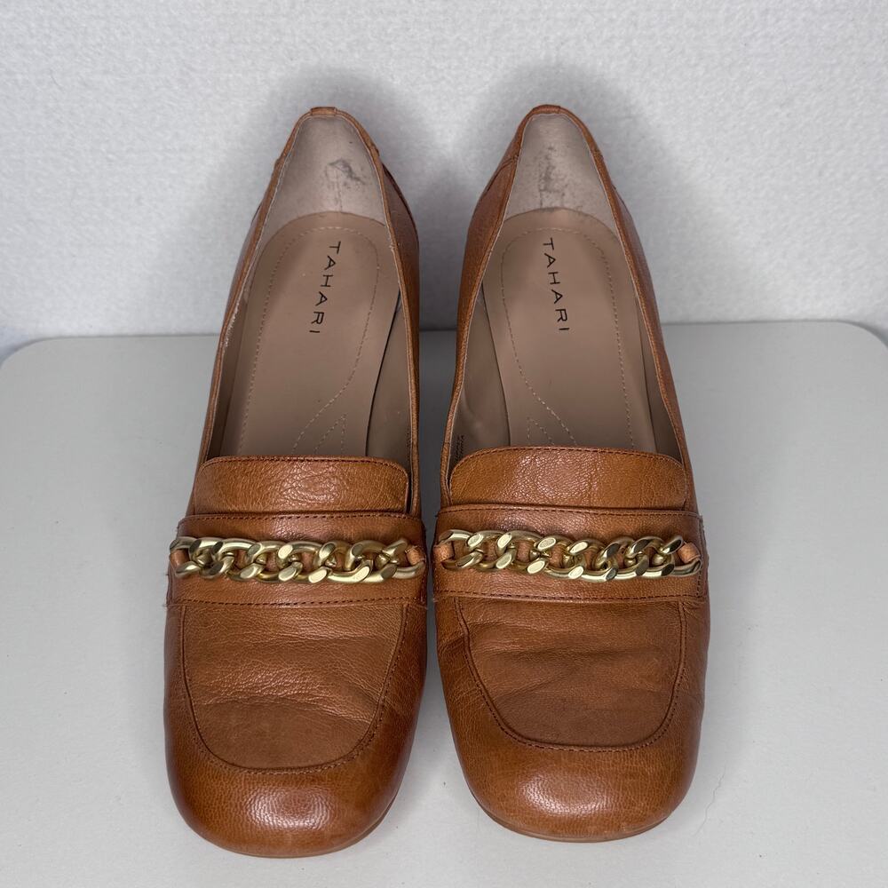 Tahari Brown Leather Chain Loafer Block Heel Pumps Womens Size 8.5 Cognac - Picture 6 of 16